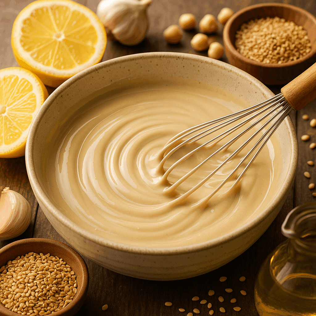 Why Tahini Turns Thick, Bitter, or Perfectly Pourable: Sesame Particle Size, Emulsion Stress, and the Acid‑Water Rules Behind Silky Sauces and Hummus