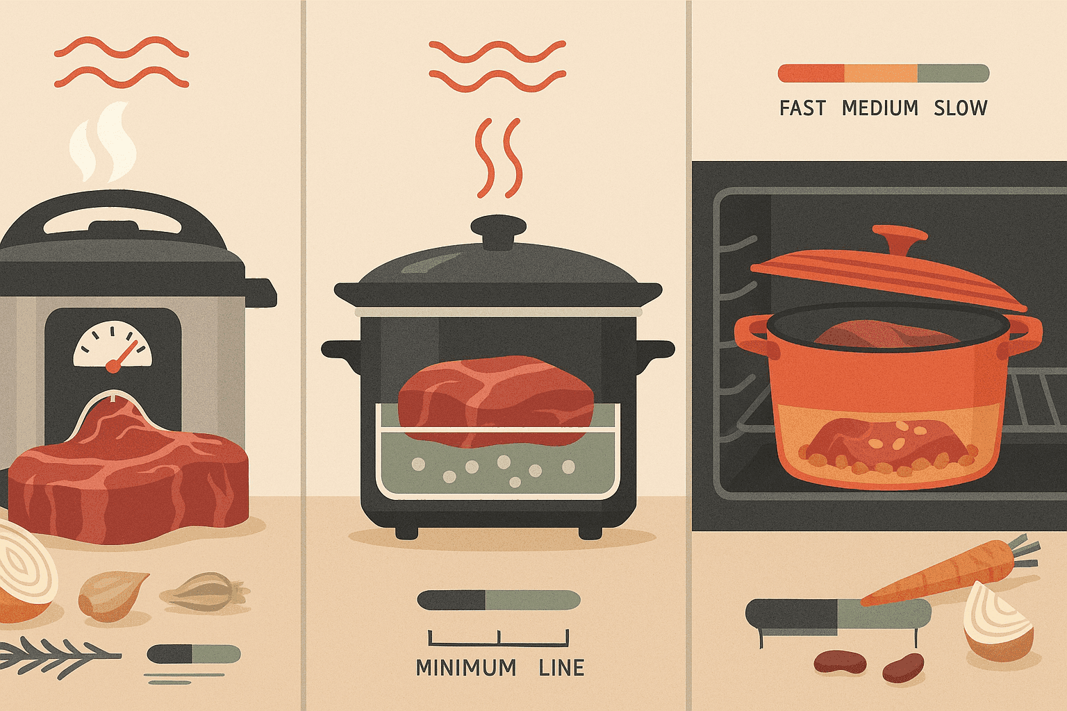 Pressure Cooker vs. Slow Cooker vs. Braise: Collagen Conversion, Liquid Ratios, and Timing Windows for Fork‑Tender Beef, Pork, and Beans